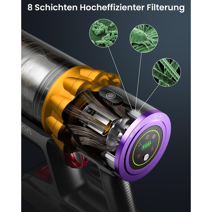 Бездротовий пилосос Anyson 45000Pa потужністю 550W з акумулятором 70Min, об'єм 1.6L, LED дисплей, антизаплутана щітка, для твердих поверхонь, килимів, шерсті тварин