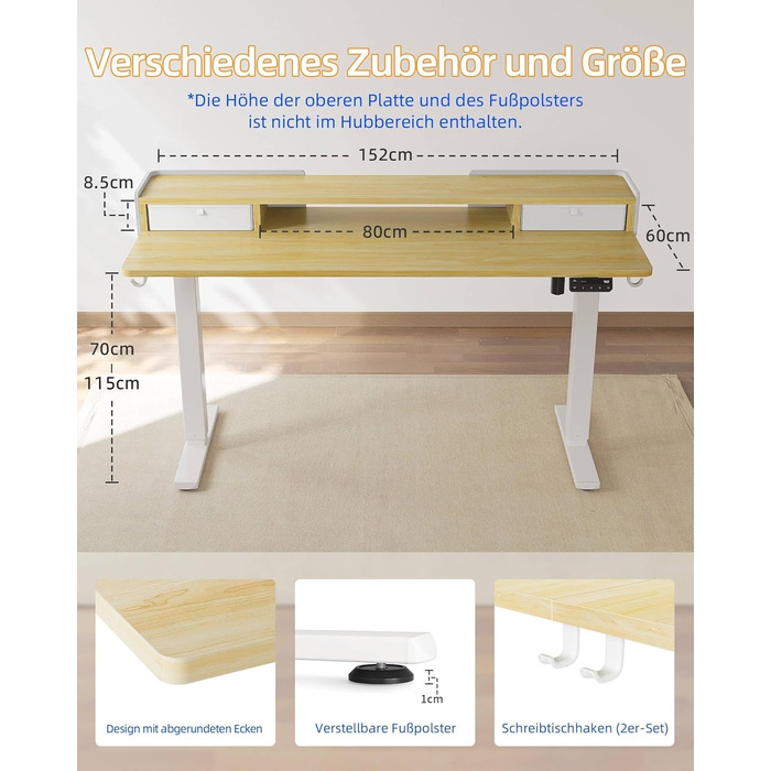 Електричний регульований стіл YIHAYO 120x60 см з ящиками та підставкою для монітора, функція пам'яті, Natural White, білий каркас