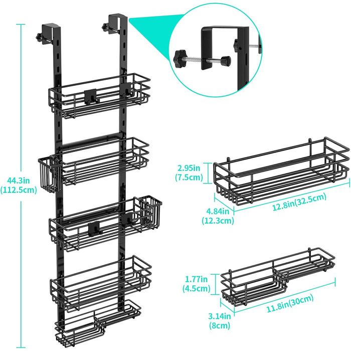 Дзеркальна поличка для душу HapiRm на двері з 22 гачками та тримачами для зубних щіток - 5 ярусів (Чорний)