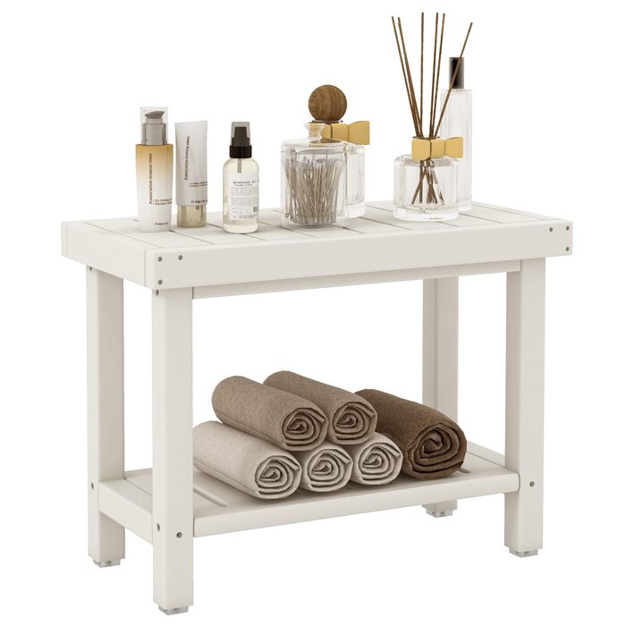 Двоступінчата душова лавка GOPLUS з підставкою для речей, біло-коричнева, 61 x 31 x 49 см