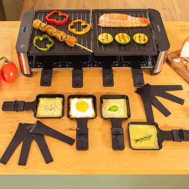 Електричний гриль-рашетниця Cecotec Raclette Cheese&Grill 16000 Inox Black для 8 осіб, 1400 Вт, з регулюванням температури та антипригарним покриттям, 40 x 22 см, 8 сковородок та 8 лопаток
