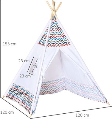Дитячий намет HOMCOM для дітей старше 3 років, Тіпі з дерева з вікном, для дому та вулиці, 120x120x155 см, білий