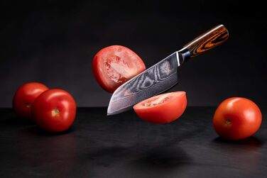 Ніж Santoku Wolfblood з дамаської сталі 67 шарів (24 см) - професійний кухонний ніж з дерев'яною ручкою, подарункова коробка та захист леза