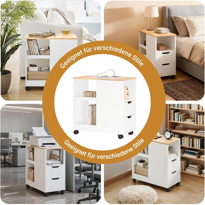 Столик для принтера SoBuy на колесах, з полицями, білий та натуральний колір, 30x60x60 см (FBT130-WN)