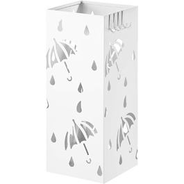 Залізна підставка для парасольок, L20 x W20 x H49см, підставка для парасольок з піддоном для крапель води, 4 гачки для кишенькових парасольок, прямокутник SST02an (Білий)