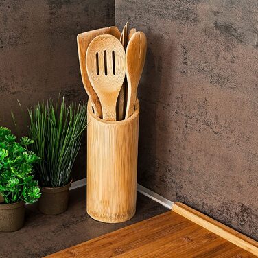 Набір кухонного приладдя Relaxdays бамбуковий 7 шт. довжиною 30 см, дерев'яна ложка, дерев'яна ложка, лопатка (по 2), щипці для салату, виделка, підставка