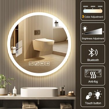 Дзеркало для ванної кімнати 600мм з підсвічуванням, регульованою яскравістю, сенсорним вимикачем, функцією проти запотівання та таймером | IP44, вологостійке, кругле дзеркало з підсвічуванням для ванної кімнати, готелю (з музикою)