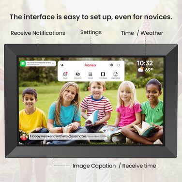 FRAMEO Цифровий фотоальбом 10.1 дюйма з Wi-Fi, IPS сенсорний екран, 32GB пам'яті, автоповорот, чорний