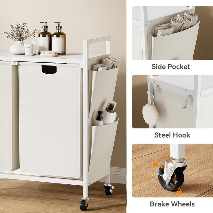 WOWLIVE Подвійний кошик для білизни з кришкою, на колесах, з металу, сортувальник білизни з верхньою полицею та 2 знімними мішками, велике зберігання одягу для кімнати (110л, білий/оптичний сад)