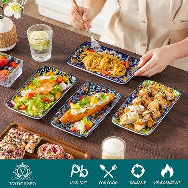 Набір тарілок Vancasso SIMI прямокутні, 6 шт. Порцелянові тарілки для подачі, десертні, на 6 осіб, 24.7x14.2 см