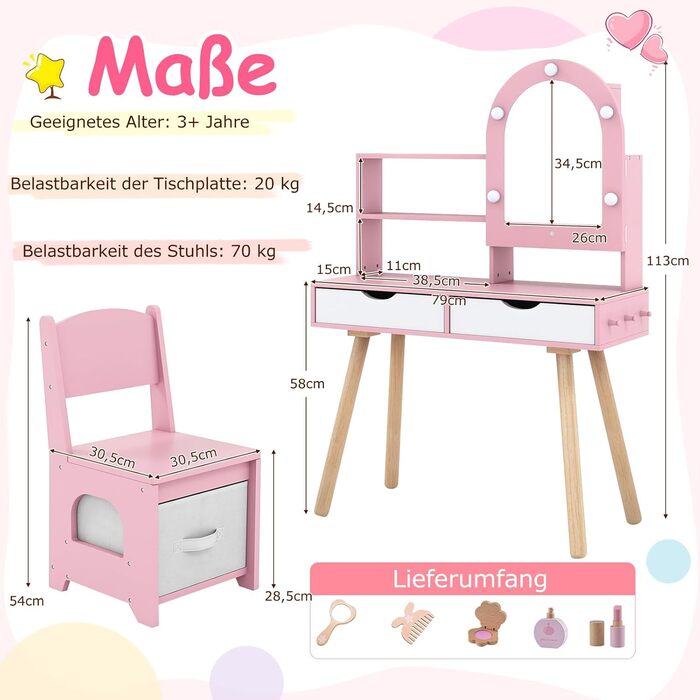 Детський туалетний столик COSTWAY 2-в-1 зі стільчиком та дзеркалом, з LED-підсвіткою, 2 шухляди, для дівчаток 3-7 років (Рожевий)