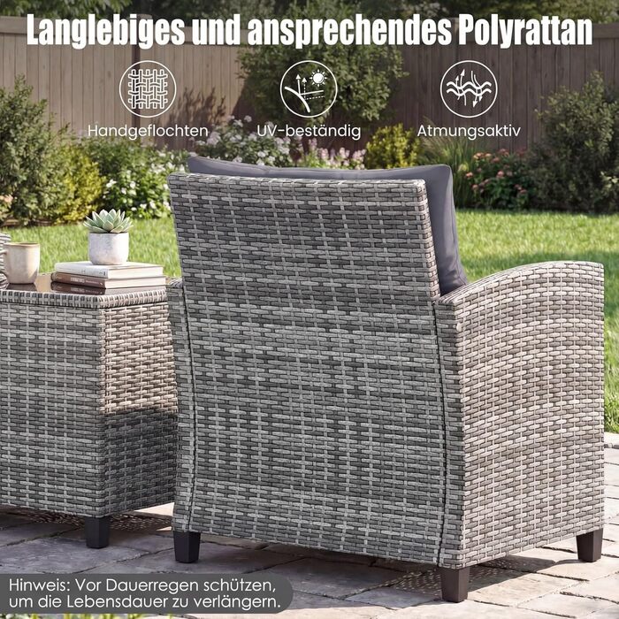 Садовий набір меблів COSTWAY з ротангу, 3 предмети: 2 крісла, стіл із загартованим склом, подушки. Меблі для балкона та тераси на 2 особи, сірий