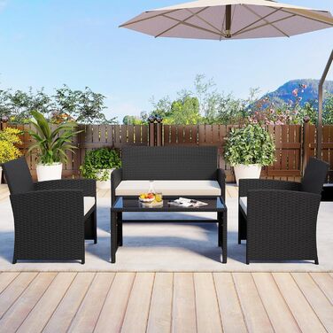 Садовий набір меблів COSTWAY з ротангу для балкона та тераси: диван, 2 крісла, стіл, подушки (Сірий + Чорний)