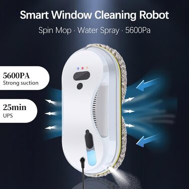 Робот для миття вікон, 5600Pa, з подвійною насадкою, інтелектуальна навігація, розпізнавання країв, функція розпилення, для всіх гладких поверхонь, 10 мікрофібрових серветок
