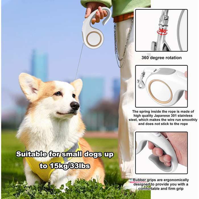 Висувний повідець для собак KEESIN, протиковзка ручка для повідця малого і середнього розміру з відкидною кришкою, мішок для сміття, нейлоновий нашийник для захисту від заплутування і поворотний Гачок на 360 (3 м, білий)