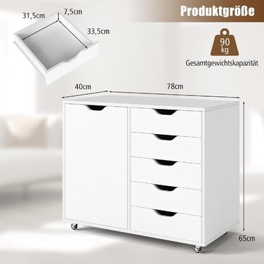 Роликовий контейнер COSTWAY з 5 шухлядами, мобільний шафа для документів з дверцятами, з робочою поверхнею та колесами, сучасний для офісу та вітальні, білий, 79 x 39 x 65 см
