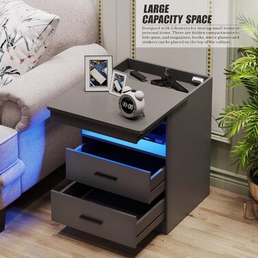 Нічний столик FREDEES з LED-підсвічуванням, ящиком та бездроговою зарядкою, сірий (2 кольори)