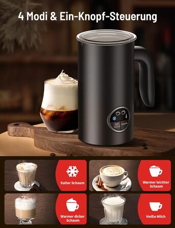 Електричний спінювач молока PARIS RHÔNE 4-в-1, 300 мл, індукція, антипригарне покриття, бездротовий, для гарячого та холодного молока (чорний)