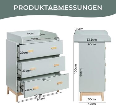 Комод з пеленальним столиком Rebecca Mobili, Aqua Grün Braun, колір блакитно-зелений, матеріал - сосна та MDF, компактний, знімний пеленальний столик, розміри 100 x 80 x 42 см, арт. RE6985