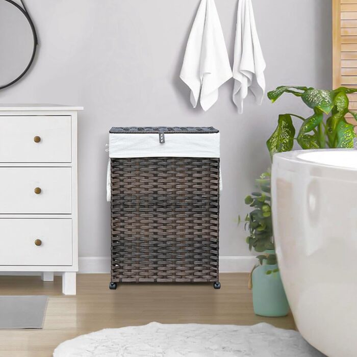 Кошик для білизни 70L з кришкою та колесами, коричневий. Знімні мішки для білизни та сортування