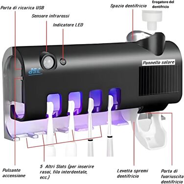 Тримач для зубних щіток для дезінфекції S.I.C UV зі світлодіодом, автоматичний дозатор зубної пасти, основне відділення для 4 зубних щіток
