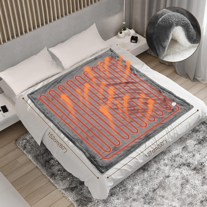 Електрична ковдра з таймером та пультом керування, 133x155 см, 6 режимів нагріву, машинне прання, сіра