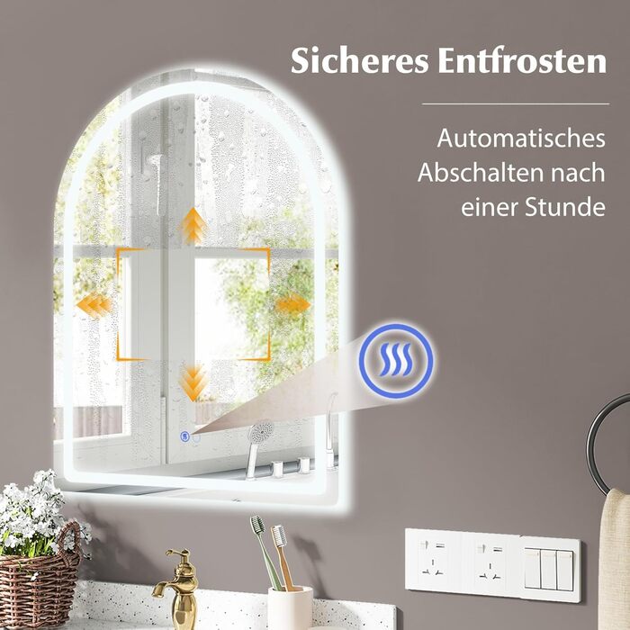 Дзеркало для ванної кімнати RELAX4LIFE з підсвіткою, настінне, напівкругле, 80 x 60 см, LED, сенсорне керування, функція пам'яті, запобігання запотіванню, без рами, 3 кольори світла, регулювання яскравості