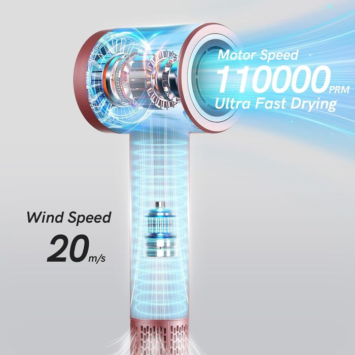 Бездротовий фен з іонізацією, 110 000 обертів/хв, 4 режими заряджання, магнітне сопло, для подорожей, жінок, дітей, активного відпочинку, кемпінгу, пляжу (рожевий)