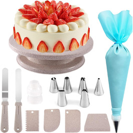 Набір для прикраси торта SAKUUMI з 15 предметів з обертовим столом для торта, 6 трубопровідними насадками, прямими та офсетними лопатками, 4 скребками для тортів, набором глазурі, клатчем, силіконовим кондитерським мішком, аксесуарами для інструментів для випічки