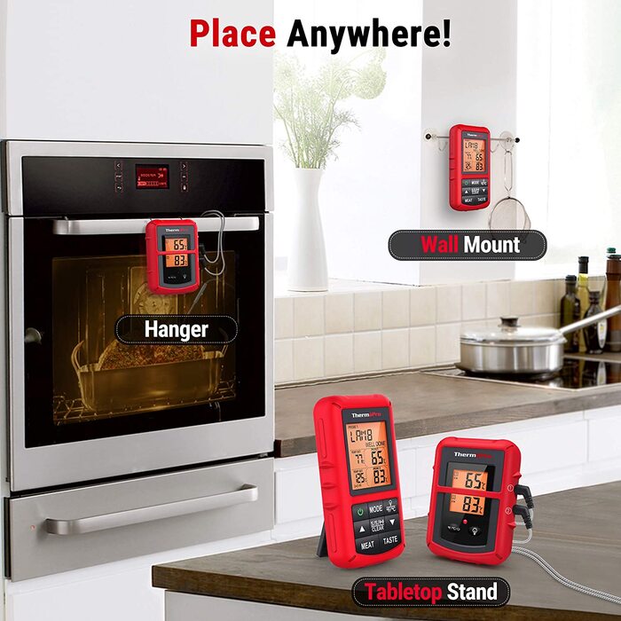 ThermoPro TP20 Цифровий термометр для м'яса з радіусом дії 150м. Підходить для гриля, духовки та барбекю. Бездротовий термометр з 2 датчиками температури