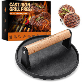 Пресс для бургерів Freelander з чавуну, набір для приготування смашених бургерів (діаметр 17.6 см, прямокутний 20.5 см), прес для гриля з термостійкою ручкою, великий прес для гамбургерів, стейків, сендвічів (чорний, круглий)
