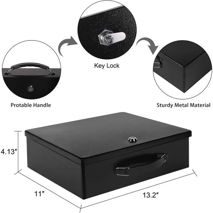 Вогнестійкий сейф для документів з ключовим замком, 33.5x28x10.5 см (Чорний)