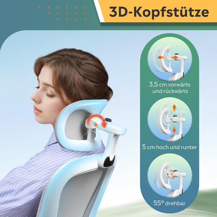 Офісне крісло Devaise Ergonomічне, з підтримкою попереку, 3D-підголівник, регульовані підлокітники, дихаюча сітка спинки, функція гойдання, для офісу та дому, до 150 кг, сірого кольору