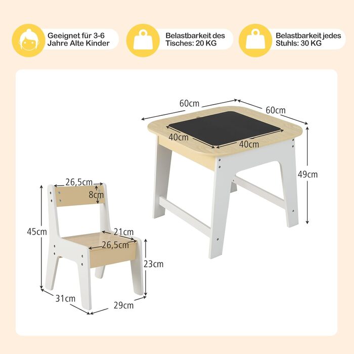 Дитячий набір столів з 2 стільцями, двостороння стільниця, місце для зберігання, стіл для малювання 3 в 1, 3 шт.