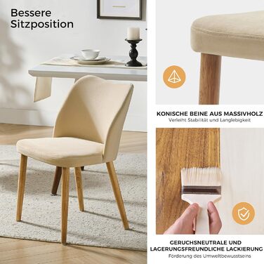 Набір з 2-х стільців для обідньої зони HULALA HOME, стільці до туалетного столика, зручні кухонні стільці з дерев'яними ніжками, висота сидіння 46 см, для вітальні, спальні та обідньої зони, бежевий (2 шт.)