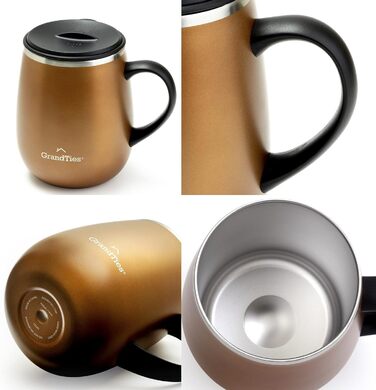 Термокружка Grandties з ручкою та кришкою-ковпачком, 480 мл | З подвійних стінок з нержавіючої сталі, зберігає тепло та холод | Колір: Cognac Metallic