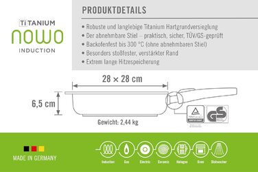 Сковорода-гриль Woll Nowo Titanium Guss квадратна, індукційна, з рифленням, 28x28 см, 6.5 см висота, знімний ручка, для всіх типів плит, алюмінієвий лиття, антипригарне покриття