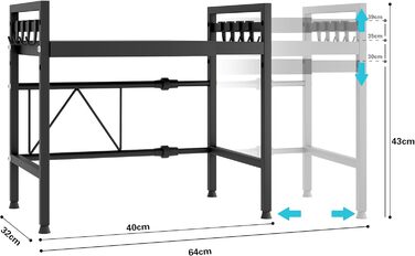 Регульована підставка для мікрохвильової печі, 2-рівнева розширювана, з вуглецевої сталі, з 8 гачками, чорна