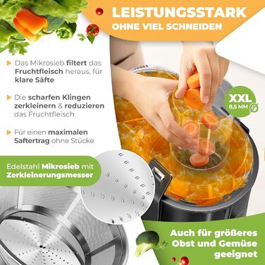 KESSER® Електрична центрифужна соковитискачка для фруктів та овочів з нержавіючої сталі, 1100W, велика завантажувальна воронка, 3 швидкості, сірий/сріблястий (чорний)