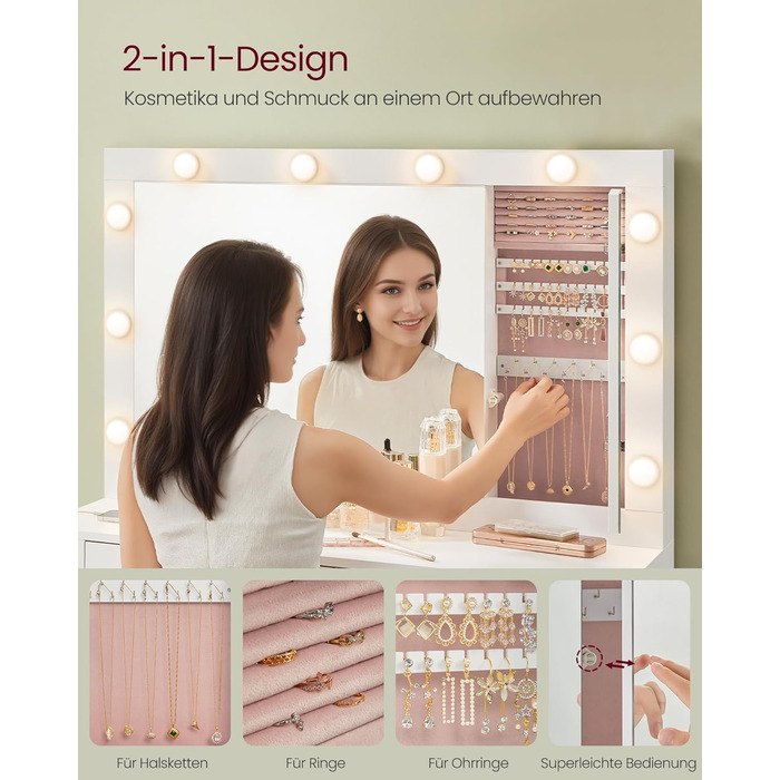 Трюмо VASAGLE з LED-підсвічуванням, дзеркалом та ящиками, 40 x 125 x 140 см, сучасний дизайн, колір