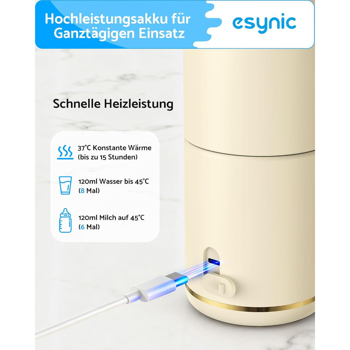 eSynic Підігрівач для пляшечок 450 мл з акумулятором 15000mAh, нержавіюча сталь 316, швидкий нагрів за 2-3 хв, для грудного молока та води, USB-C, BPA-free, для подорожей та нічного годування