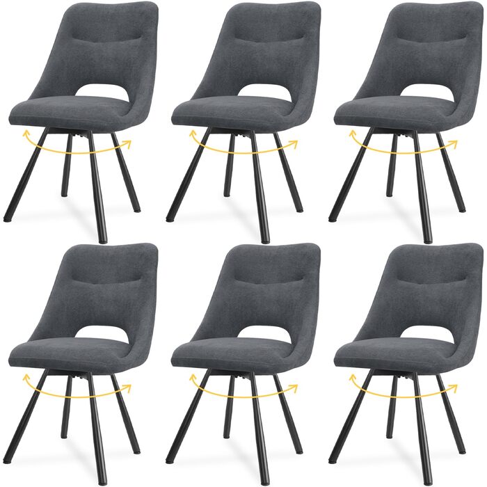 LEWE Комплект обідніх стільців 6 шт., поворотні, для кухні, вітальні, спальні, з м'яким сидінням, без підлокітників, тканина кашемір (темно-сірий)