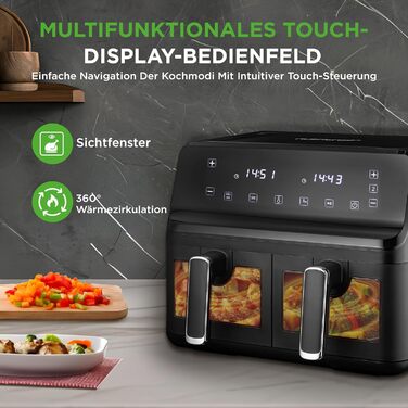 Фритюрниця NutriChef 8.3L з 2 відсіками, з подвійним нагріванням, з оглядовим вікном, 9 програм, до 360°C, антипригарне покриття, для смаження без олії, компактна та безпечна