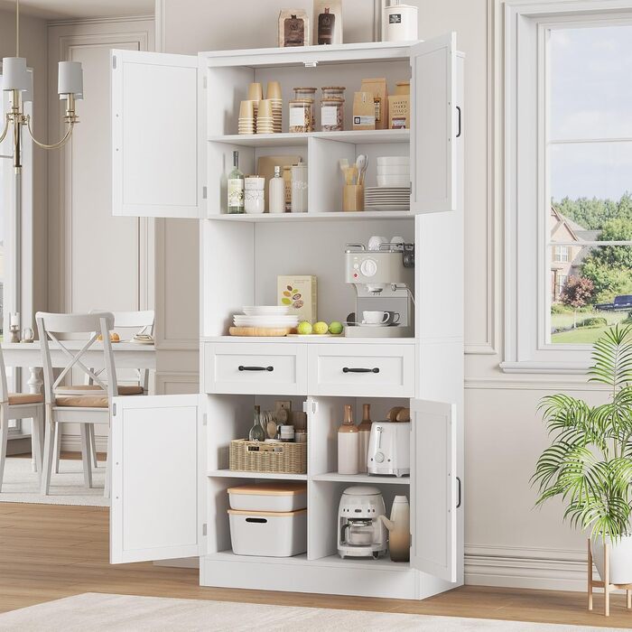 Кухонна шафа HOCSOK 180 см: буфет з робочою поверхнею, шафа для зберігання з 4 дверцятами та 2 ящиками, висока шафа-багатоцільова з регульованою полицею, білий