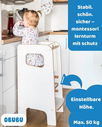 Дерев'яний навчальний столик-сходинка Montessori для дітей з бічною перегородкою – білий, безпечний та стійкий, регульована висота, з блокуванням, сучасний дизайн Model 4