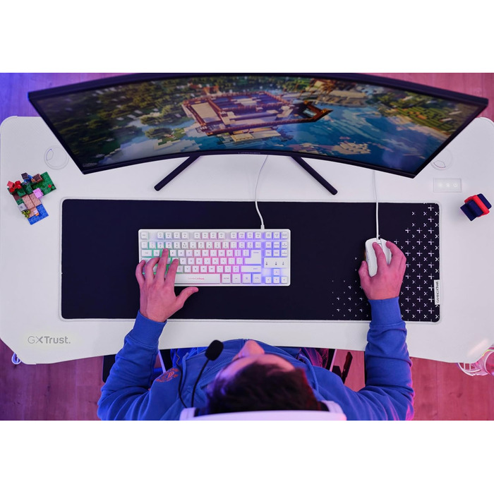 Ігровий стіл Trust Gaming GXT 709W Luminus RGB з підсвічуванням LED, 10 режимів, USB, білий, з тримачем для навушників та напоїв, 120 x 60 см