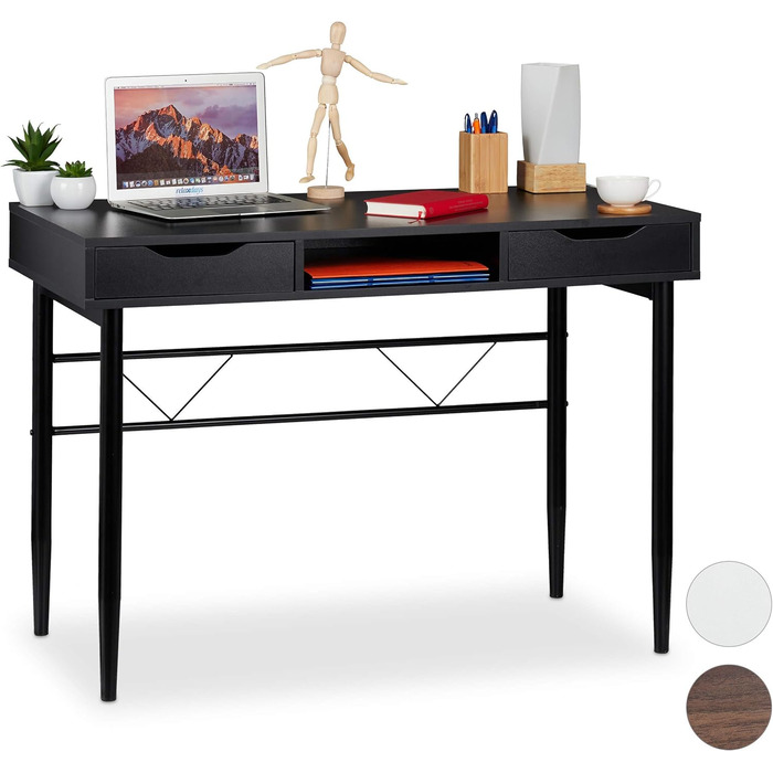 Письмовий стіл Relaxdays з шухлядами та полицею, чорний, сучасний, металевий каркас, офісний стіл HWD 77 x 110 x 55 см, PB