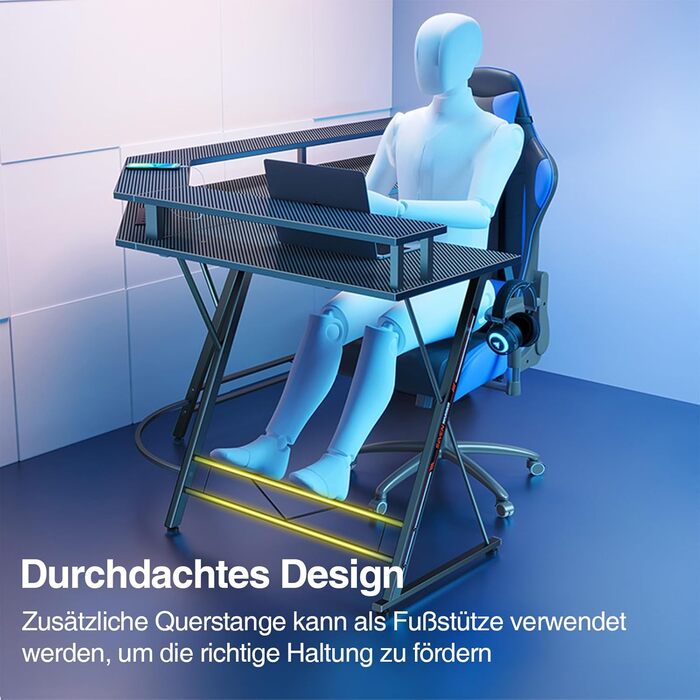 Ігровий стіл SEVEN WARRIOR з LED-підсвічуванням, розетками, моніторний стійка, 2 гачки, L-подібний, 147 см