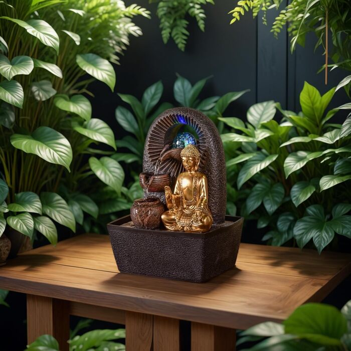 Джерело води Zen'Light від Zimmerbrunnen з Буддою та LED-підсвічуванням. Сучасна декорація для медитації та релаксації. Об'єкт Фен-Шуй, висота 26 см, колір горіх (Bhava)
