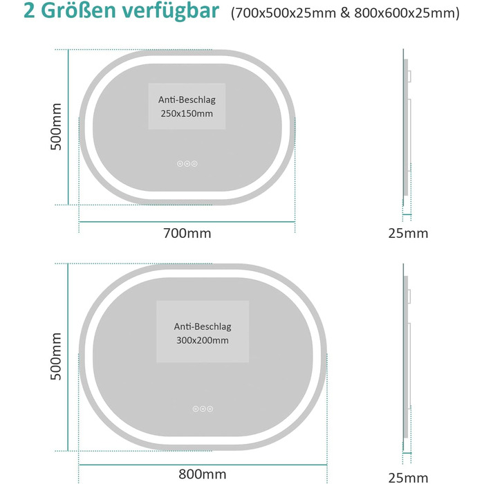 Дзеркало для ванної кімнати EMKE з підсвічуванням 80x60 см, сенсорне управління, антизапар, 3 кольори світла, регулювання яскравості, функція пам'яті, енергозберігаюче, овальне дзеркало